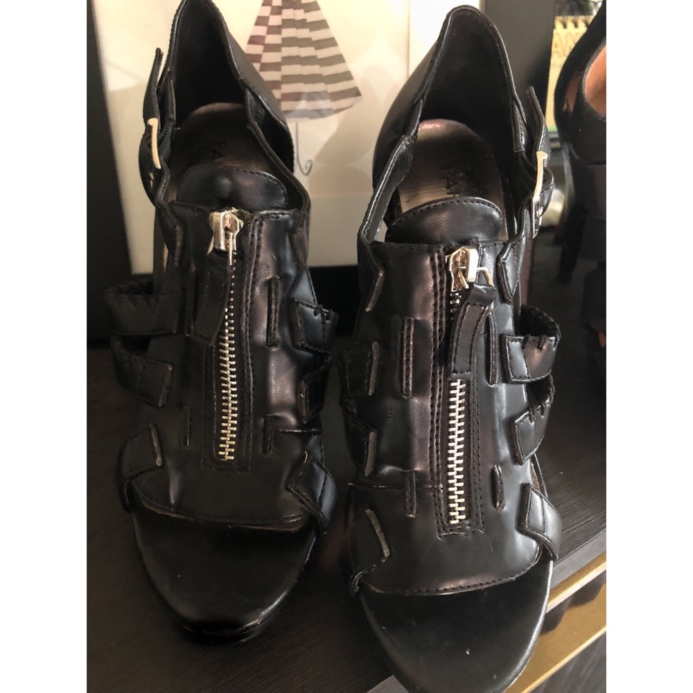 Paprika Silver Zipper Black Faux Leather Heels